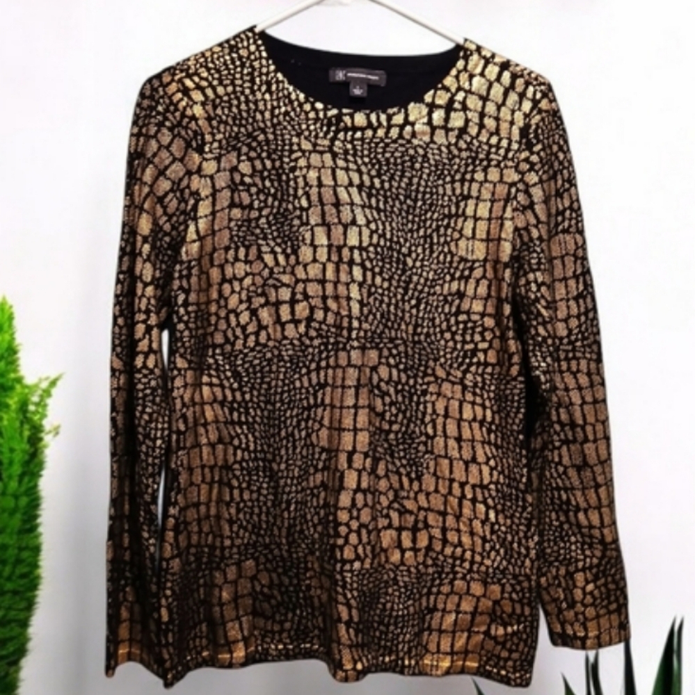 INC Metallic Snake Print Black Gold Long Sleeve Tshirt Womans Glam Large Grunge